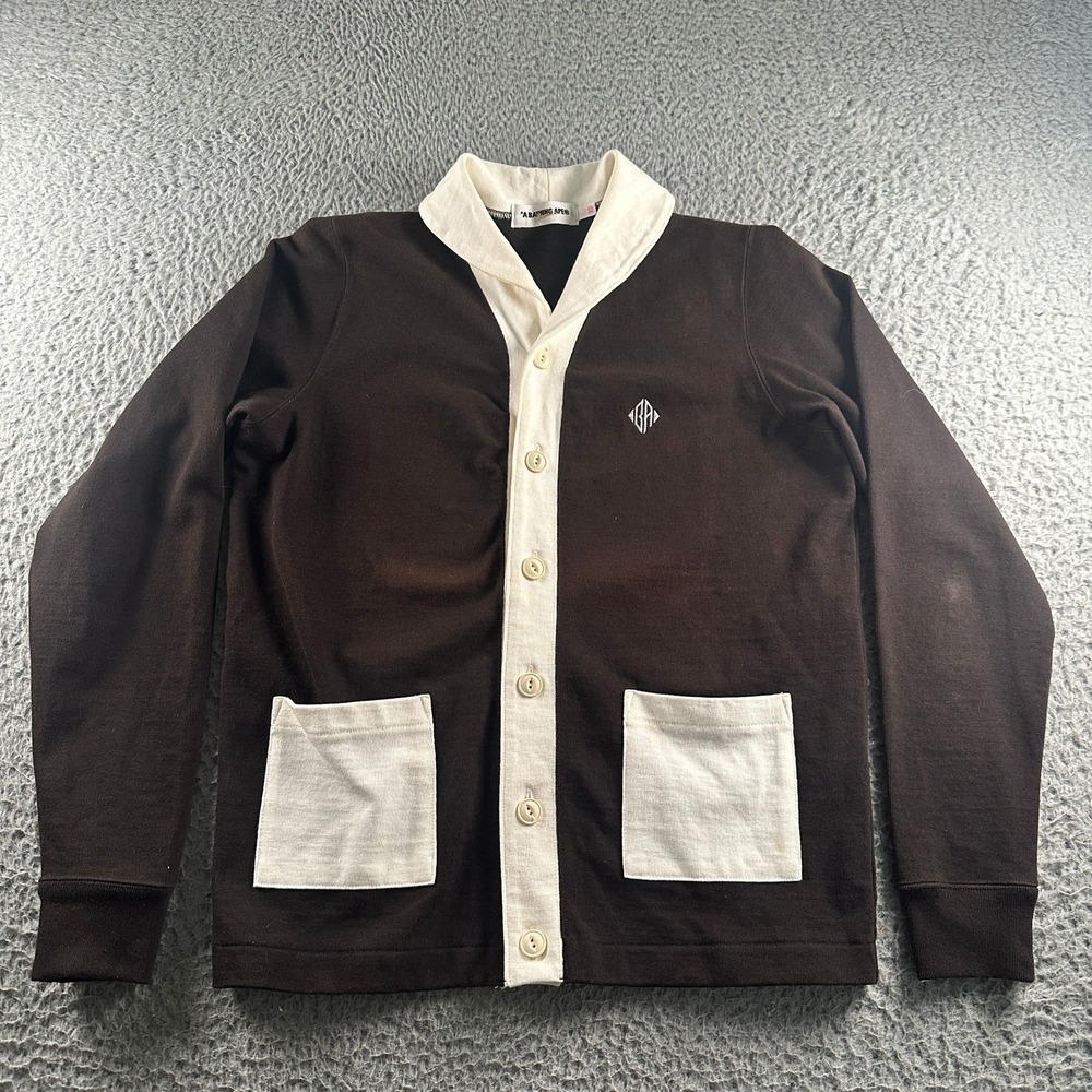 A Bathing Ape Cardigan Mens XS Brown Cream Shawl Collar Button Front‎ Knit Top